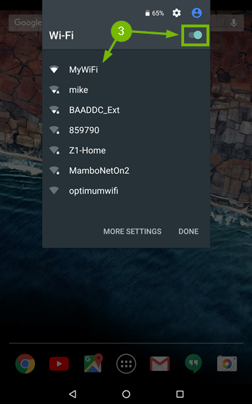 Wi-Fi quick settings with arrow pointing to highlighted toggle and another arrow pointing to the list of available wifi networks.