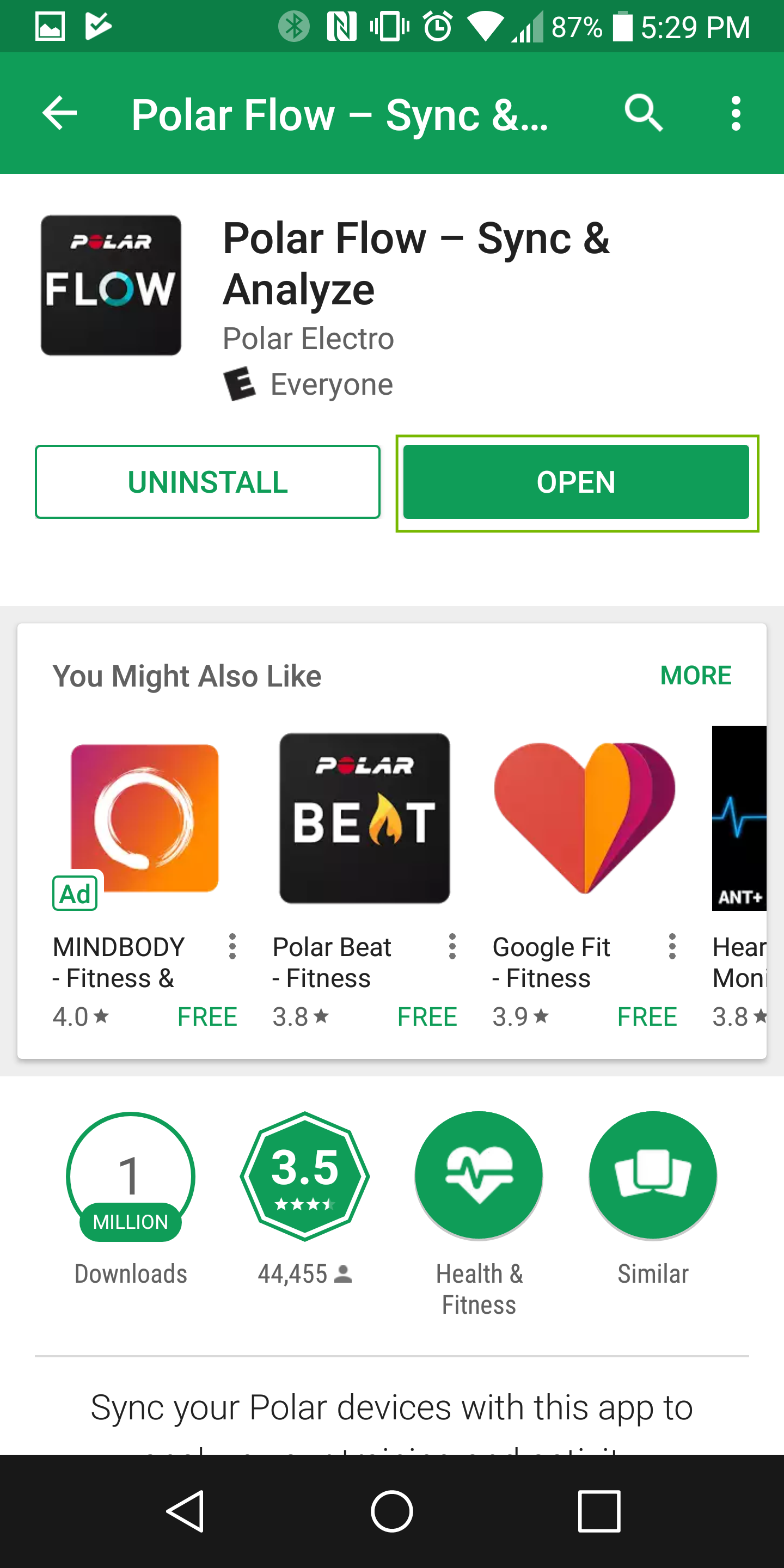 Android Play Store app with the open button highlighted.