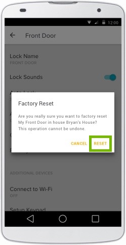 factory reset dialog with reset highlighted