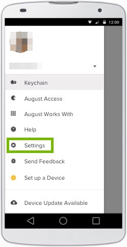 menu with settings highlighted