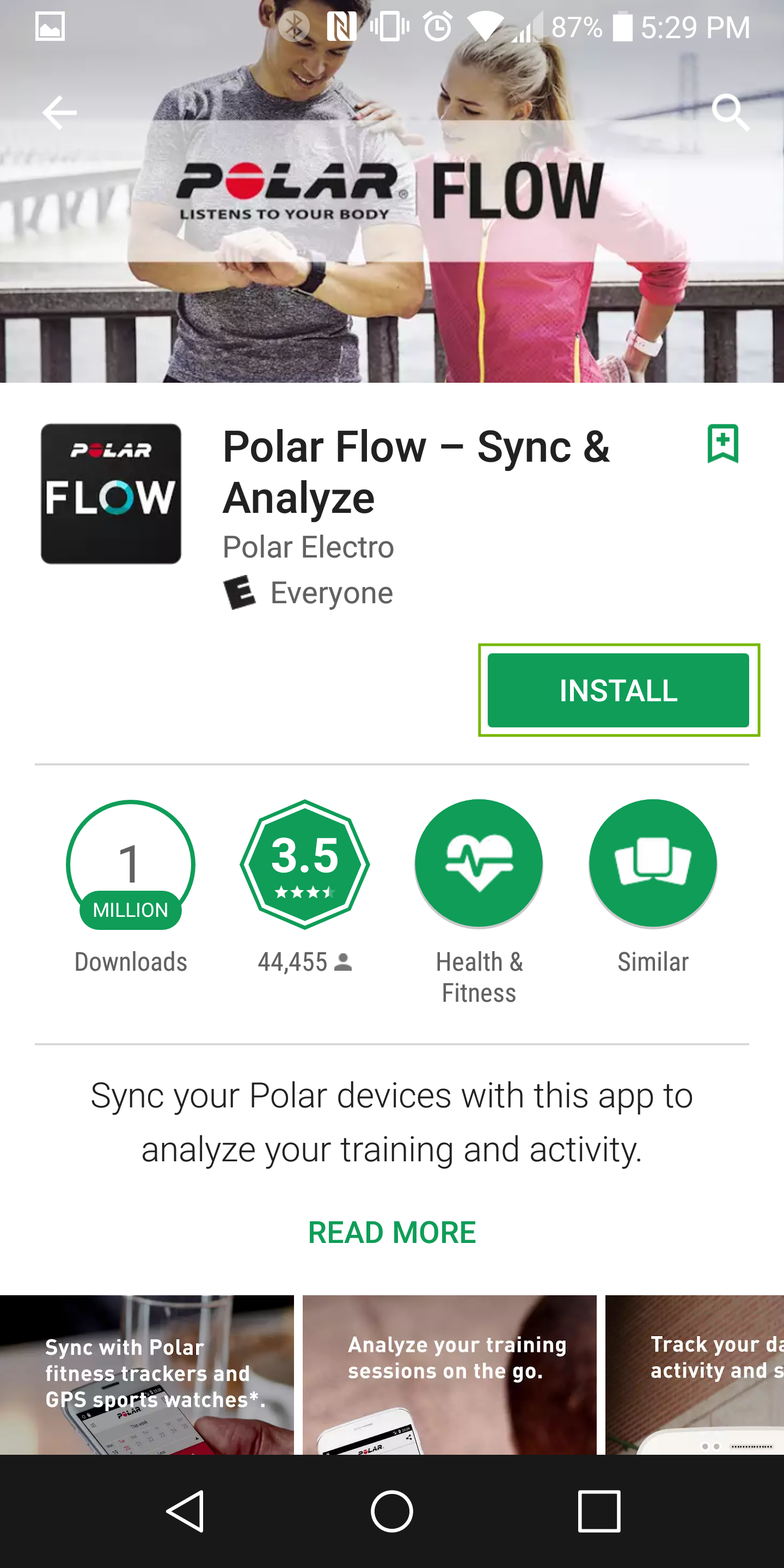 Android Play Store app with app install button highlighted.