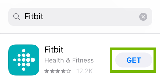 App Store with the word Fitbit in search bar. Get button highlighted in lower-right corner. Screenshot.
