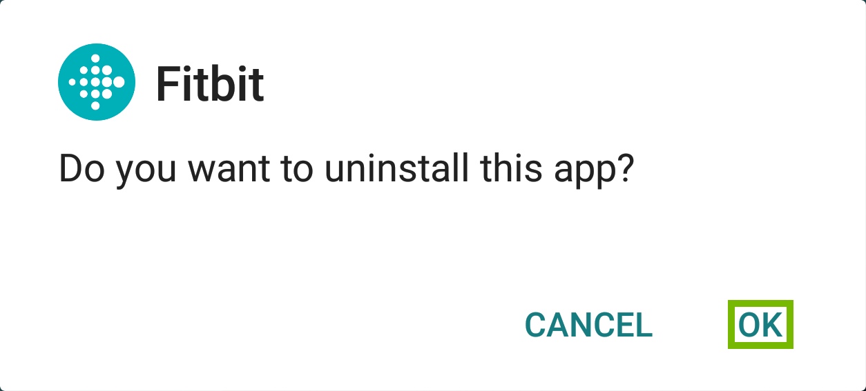 Android app uninstall confirmation prompt with OK highlighted.