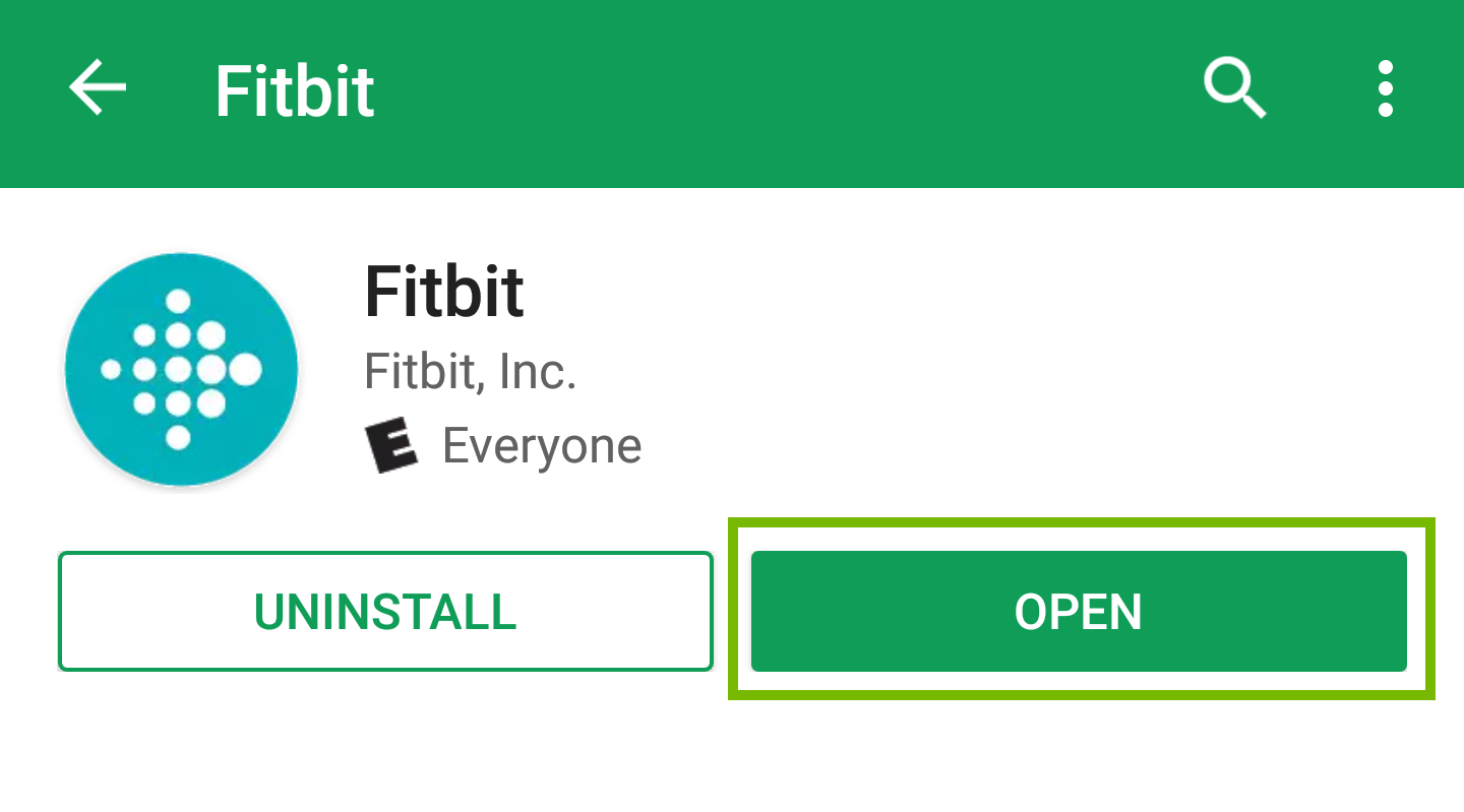 Installed Fitbit app with Open button highlighted. Screenshot.