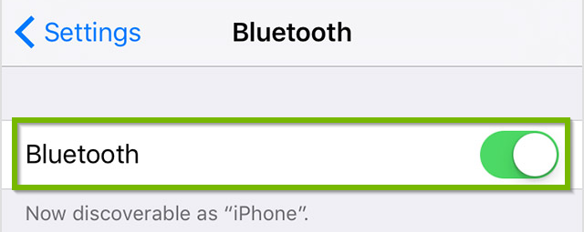 iOS Bluetooth screen with Bluetooth radio switch in the On position. Screenshot.