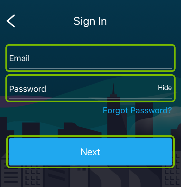Email and password fields, and Next button highlighted in Garmin Connect app.
