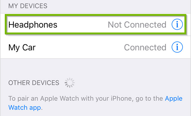 Example of device called Headphones within the available Bluetooth devices list. Screenshot.