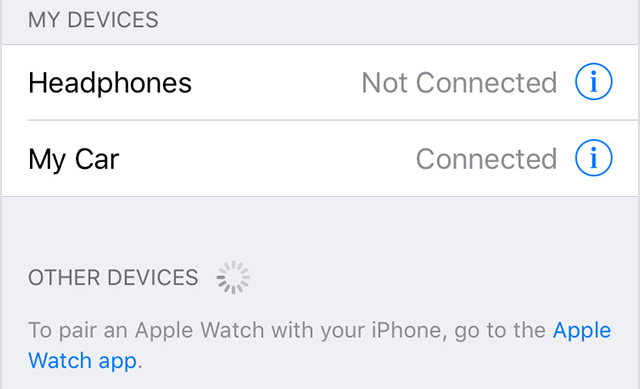 iOS Bluetooth screen with list of paired bluetooth devices near top. Screenshot.