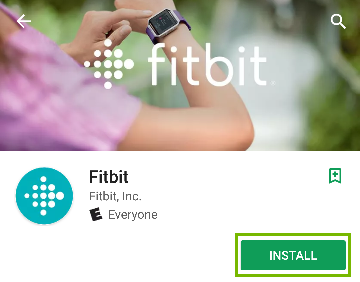 Landing page for Fitbit app with Install button highlighted. Screenshot.