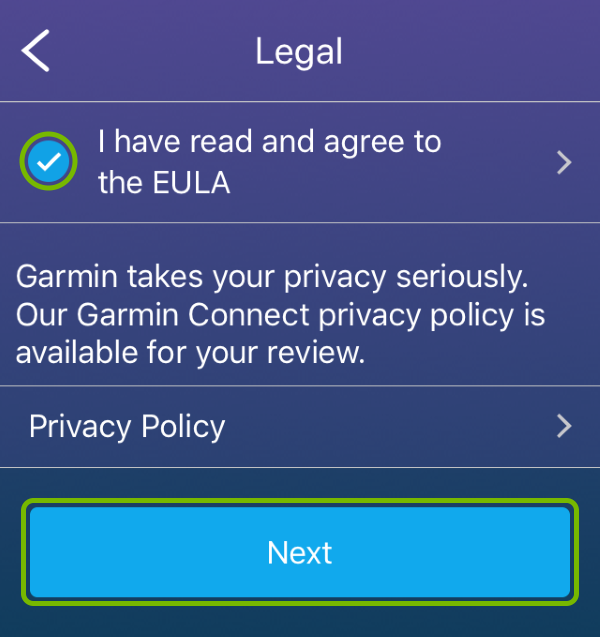 EULA agreement checkmark and Next button highlighted in Garmin Connect app.