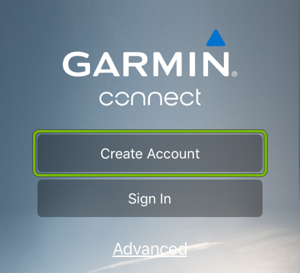 Create Account button highlighted in Garmin Connect app.