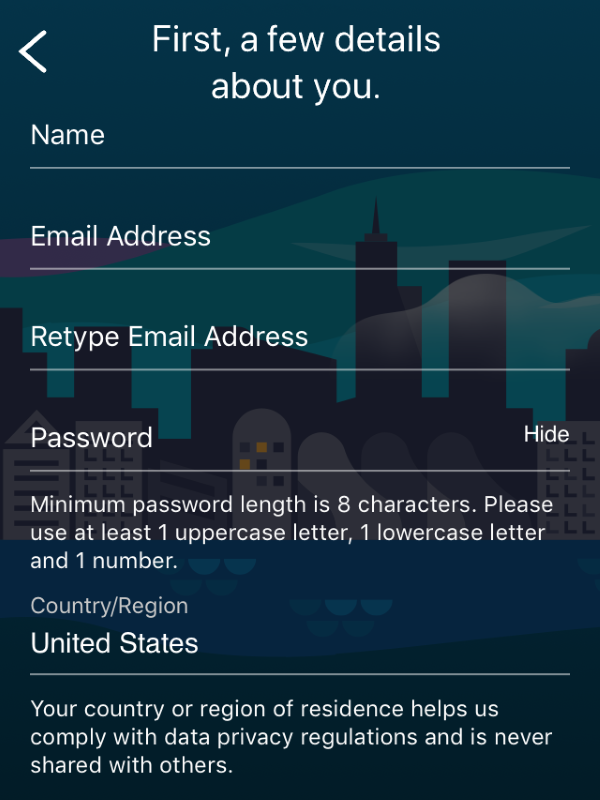 Account creation screen in Garmin Connect app.