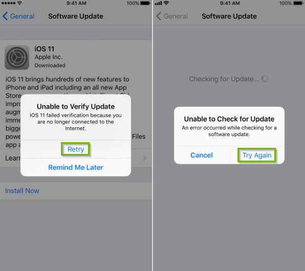 iOS unable to verify or check for updates. Screenshot.