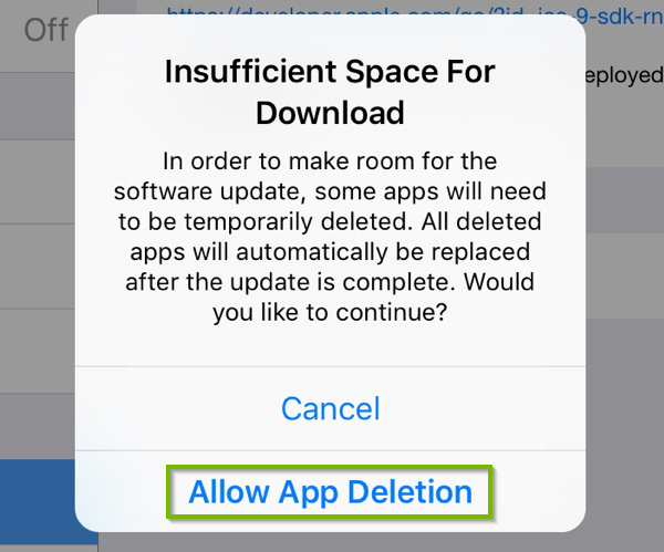 iPhone insufficient space prompt highlighting the allow app deletion option.