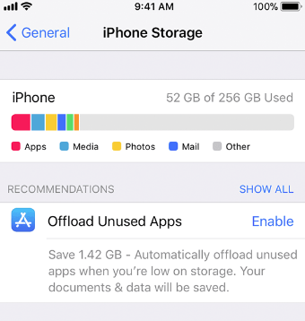 iOS device showing storage