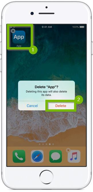 iOS showing app selected and delete confirmed.