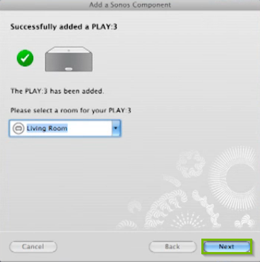 Sonos app successful connection confirmation screen, with the next button highlighted.
