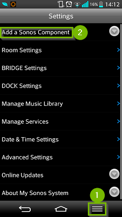 Menu highlighted and Add a Sonos Componet highlighted