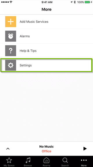 Sonos app more menu highlighting the settings option.