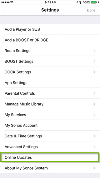 Sonos app settings menu highlighting the online updates option.