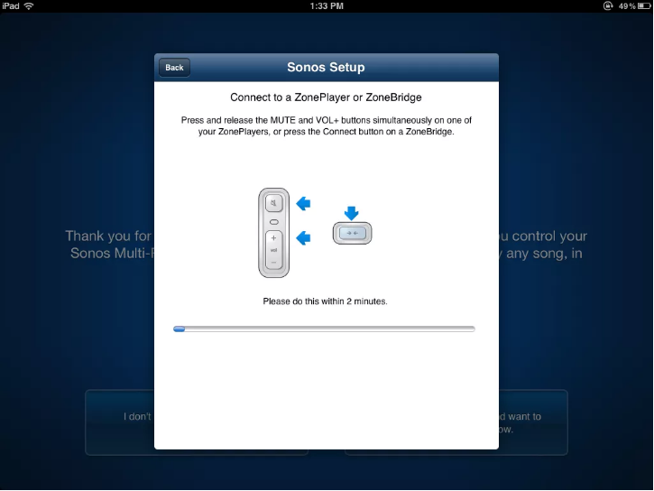 Sonos app setup screen displaying connection instructions.