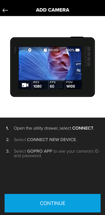 Screenshot of the GoPro app displaying on-screen instructions on how to connect your GoPro to the app.
