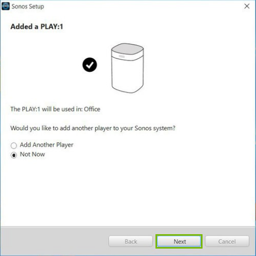 Sonos app setup screen displaying a successful connection confirmation, highlighting the next button.