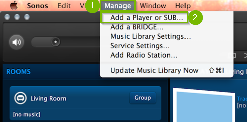 Sonos app manage menu extended highlighting the add a player or sub option.