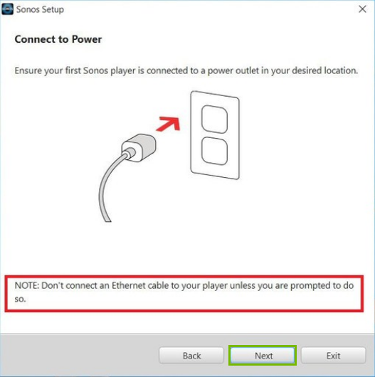 Sonos app setup screen with instructions on connecting your sonos device and the next button highlighted.