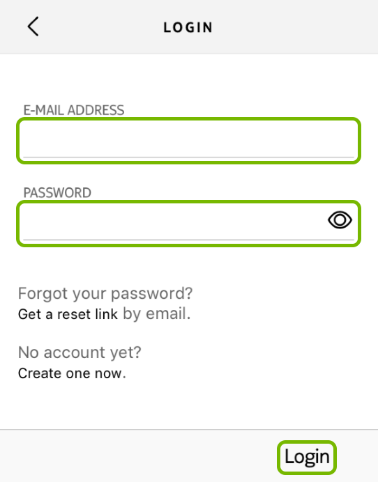 E-mail Address and Password fields, and Login option highlighted in Withings Health Mate app.