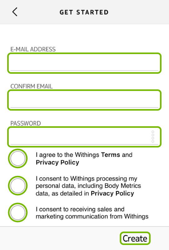 E-mail Address and Password fields, check circles and Create option highlighted in Withings Health Mate app.