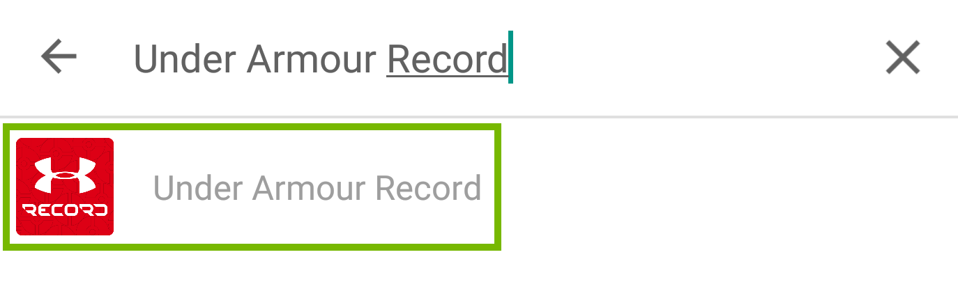Play store search results with Under Armour Record app highlighted