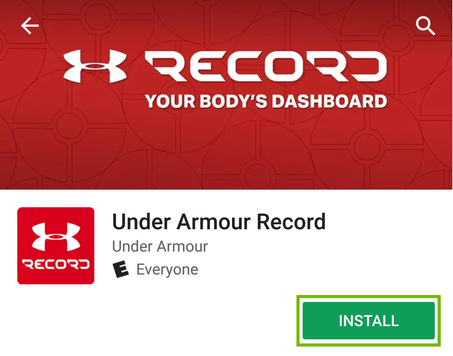 Under Armour Record page with install highlighted