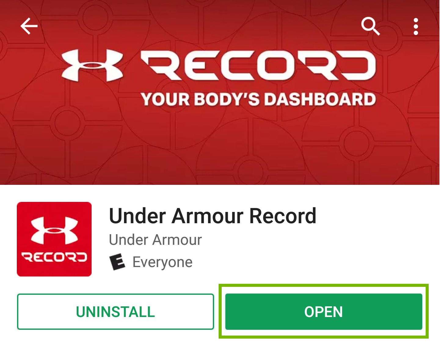 Under Armour Record page with open highlighted