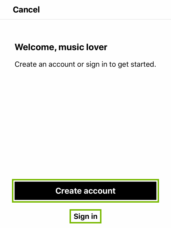 Create account and Sign in options highlighted in Sonos app.