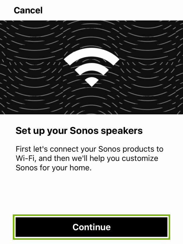 Continue button highlighted before player setup within Sonos app.