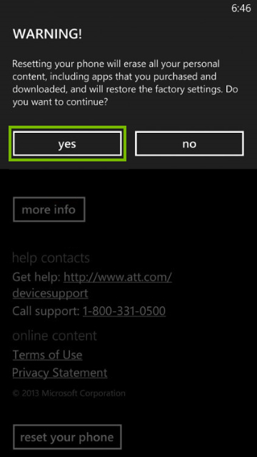 Warning and reset confirmation query screen