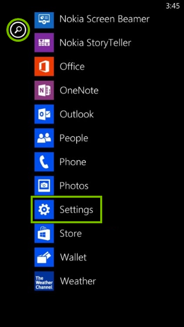 Apps list on Windows phone