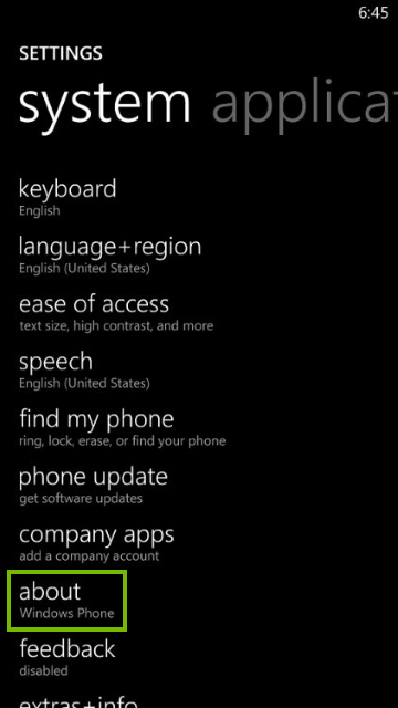 Settings screen on Windows phone