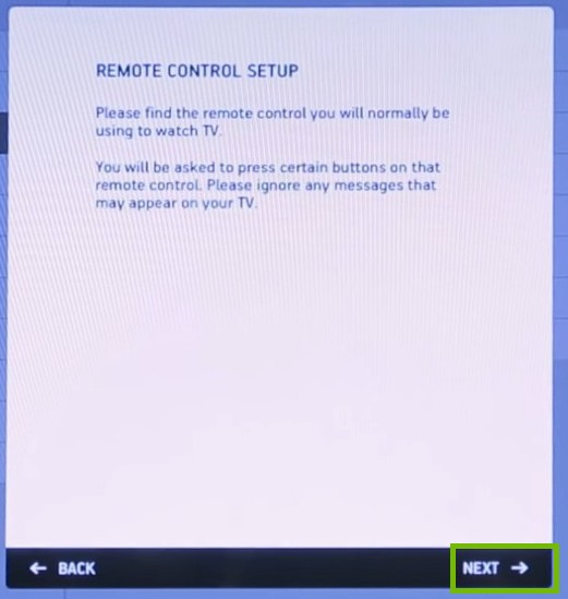 Remote control setup with next highlighted