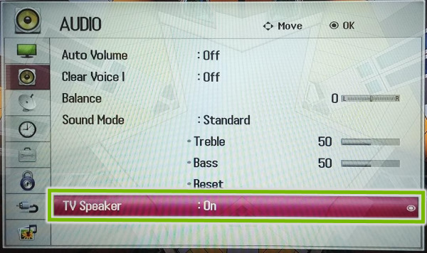 TV Speaker option highlighted in TV Audio settings.