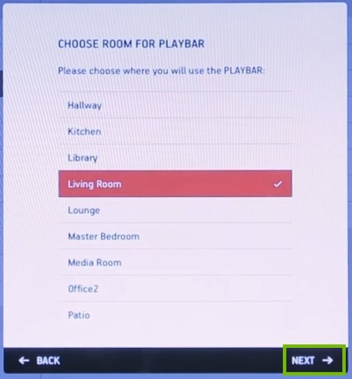 Choose room with living room selected and next highlighted