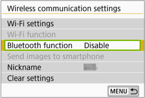 Wireless communication settings with the Bluetooth function highlighted