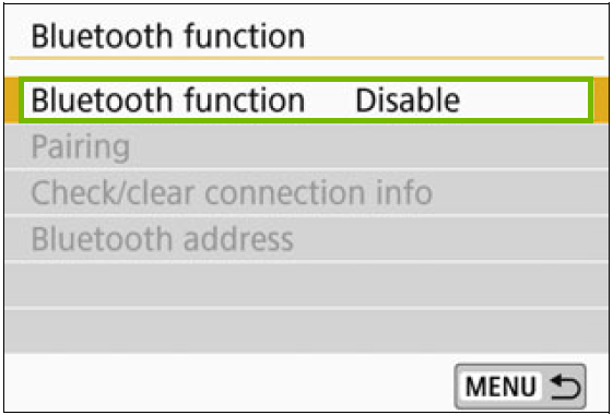 Bluetooth function menu with bluetooth function highlighted