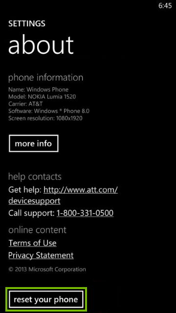 About screen on Windows phone
