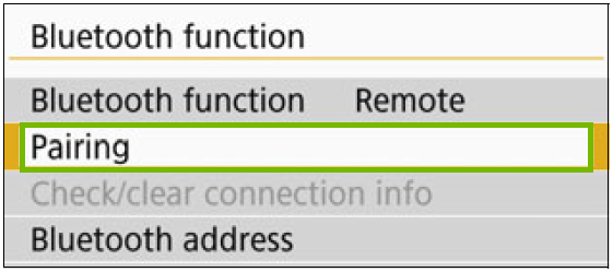 Bluetooth function menu with Pairing highlighted