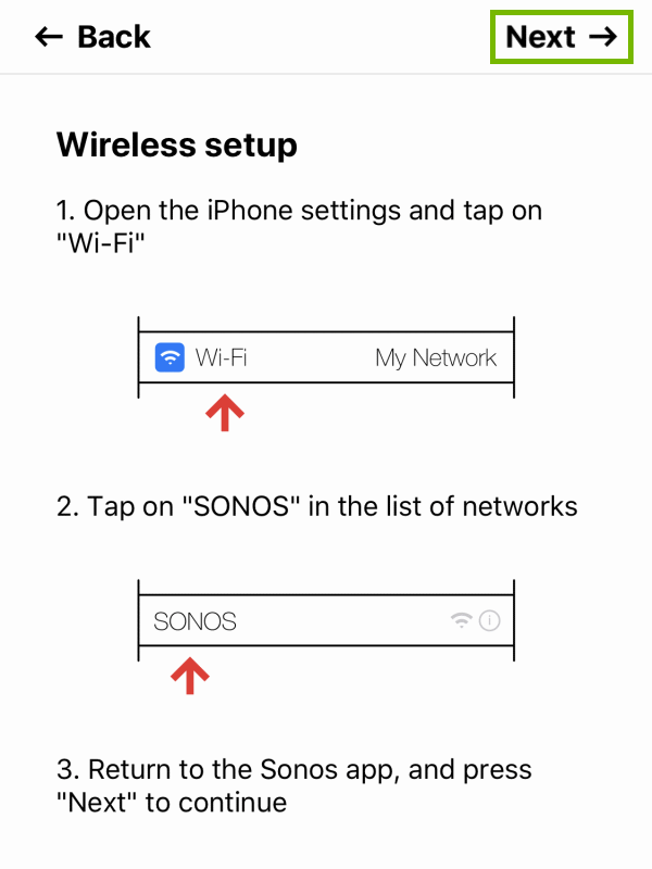 Next option highlighted on Wireless setup instructions screen within Sonos app.