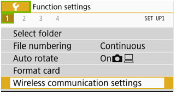 Function settings with the wrench and the submenu 1 highlighted