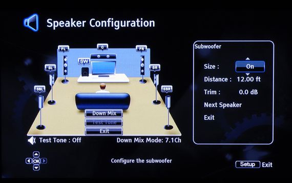 AV receiver speaker configuration screen.