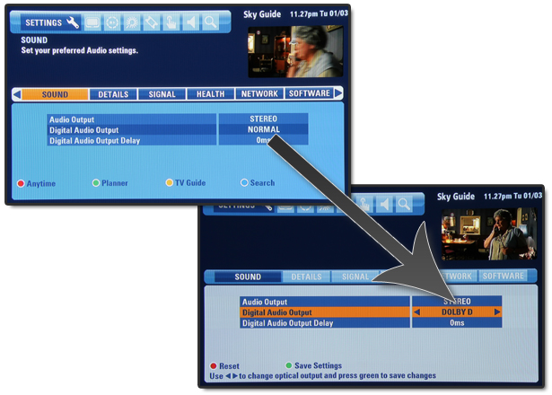Setting a cable or satellite box's audio output properly. Illustration.